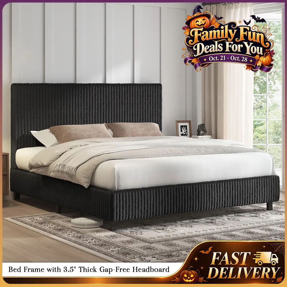 AMERLIFE Upholstered Bed Frame, Corduroy Platform Bed with 3.5" Thick Gap-Free Headboard, Fully Padded, Metal Frame with Strong Slats, No Box Spring Needed/Christmas Gifts/Best Gift Ideas/Cozy Home