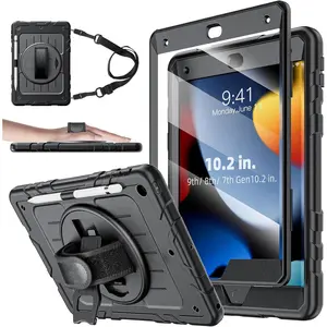 Case for iPad 9th/8th/7th Generation-Built-in Screen Protector,with Pencil Holder&360?Rotating Hand Strap, Strap,Case for iPad 10.2 inch 2021-2019(Black)