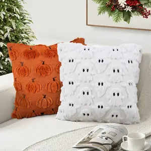 Modern Ghost Design Pillow Covers Set, Soft Plush Faux Fur Cushion Cases with Zipper, Knit Fabric, Halloween Decorations