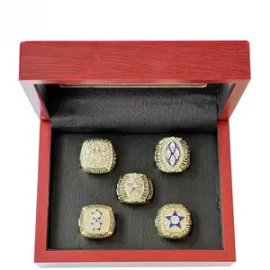 Dear Adorn Golden color 5pcs/set dallas football world championship rings set with brown wooden display box for mens gift
