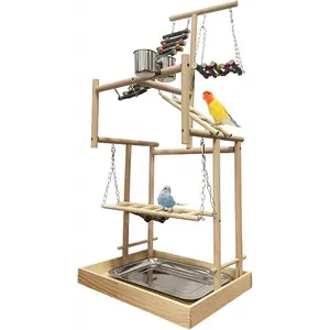 Parrots Playground, Bird Play Gym Wood Perch Stand Colours Revolving Climb Ladders Swing Chewing Toys with Parakeet Feeding Cups Exercise Activity Center for Conure Cockatiel Lovebirds(Include a Tray)