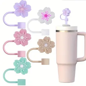 5 One Silicone Straw Pointed Toe, Cherry Blossom Design, Suitable for Cup Straw of 10mm Dirt-Proof Cover, Lovely Flower Sports Travel Cup Accessories