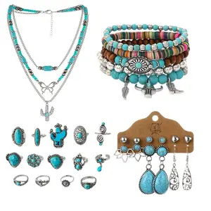 24pcs of Bohemian style turquoise, 1pc 3-layer necklace+14 turquoise rings+5 bracelets+6 pairs of earrings, Women's jewelry set, party vacation, daily wear accessories, Valentine's Day, Mother's Day gifts