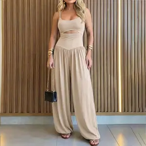 Women's Cut-out Cami Jumpsuit Adjustable Shoulder Straps with Pockets Backless Tie-Back Ruched High Waist Romper