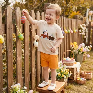 Kids Boys Shorts Set, Short Sleeve Embroidery T-shirt with Shorts Easter Clothes Summer Outfit