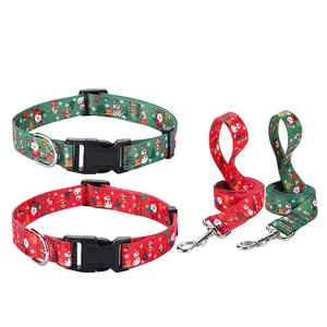 Festive Christmas Dog Collar and Leash Set - Adjustable Holiday Pet Collar with Quick Release Buckle - Cute Santa & Reindeer Pattern for Small to Large Dogs