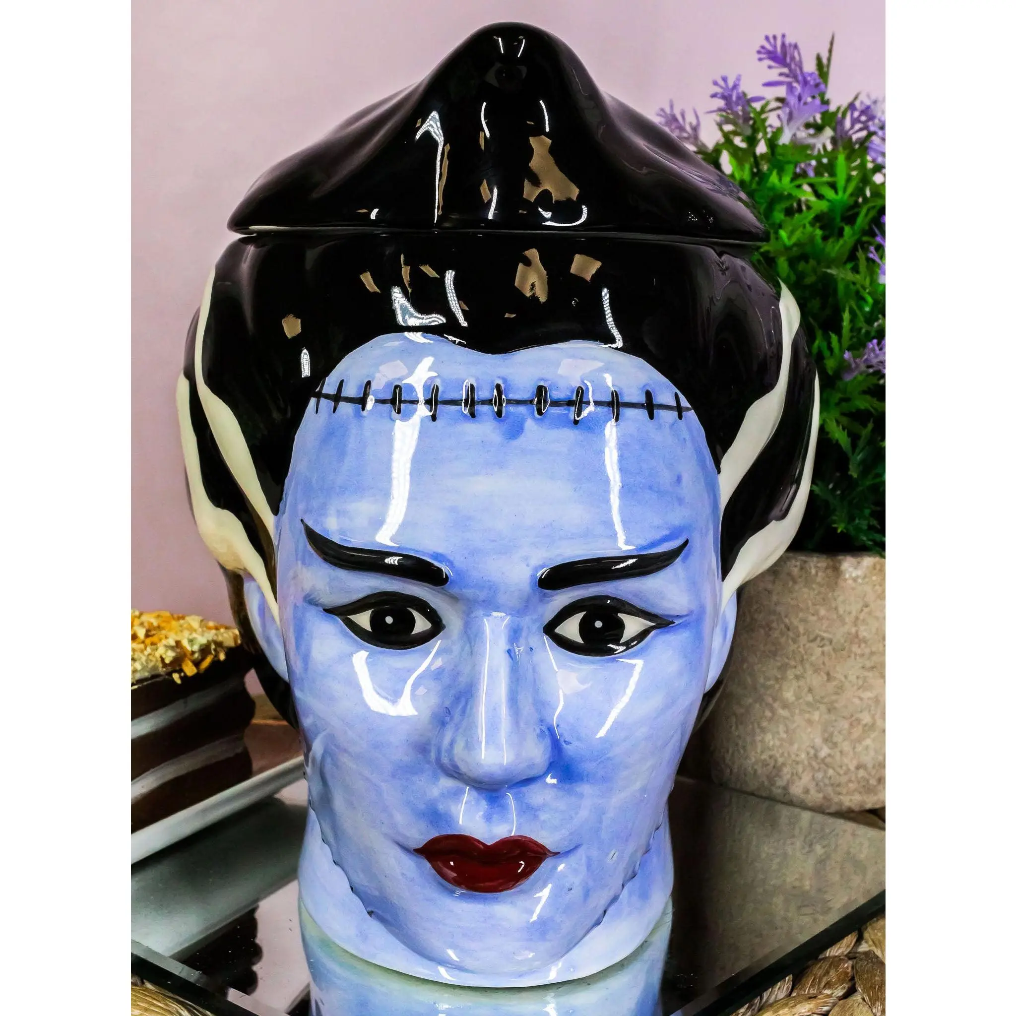 Ceramic (Porcelain) Bride of Frankenstein Ghastly Zombie Skull Cookie Jar, Halloween Home Decor Statue Figurine