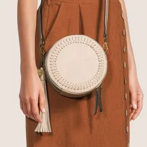 Ampere Creations Suzie Classic Vegan Leather Woven Rounded Crossbody Bag with Detachable Tassel & Zipper Pocket