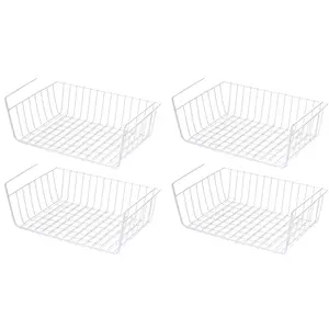 Under Shelf Basket,4 Pack Wire Rack, Slides Under Shelves for Storage,Space Saving for Kitchen Counter Pantry Desk Bookshelf Cupboard, White
