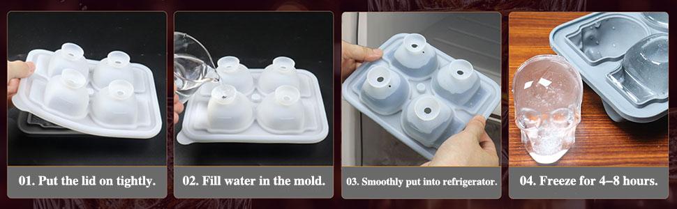 Extra Large 3D Skull Ice Cube Tray with Clear Funnel, Easy Release Silicone Mold, 4 Cute and Funny Ice Skull for Whiskey,Cocktails and Juice Beverages,Black