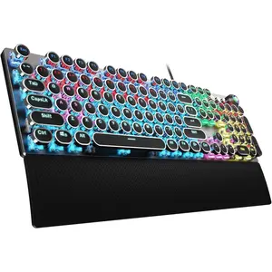 F2088 Typewriter Style Mechanical Gaming Keyboard Blue Switches,Rainbow LED Backlit,Removable Wrist Rest,Media Control Knob,Retro Punk round Keycaps,Usb Wired Computer Keyboard