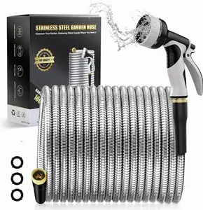 Garden Hose 50FT/100FT, Metal Garden Hose with Nozzle, Flexible Water Hose, 3/4" Fittings Metal Hose for Yard, Durable and Leak Proof Garden Hose, Never Kink & Tangle, Heavy Duty Metal Water Hose