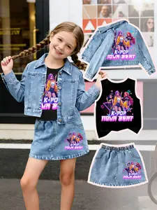 Three-Piece Set: Denim Jacket + Jean Skirt + Sleeveless Vest, New Cartoon Print, Casual Daily Wear, Outdoor Sports, Perfect Gift for Kids, Denim Skirt Sets, Skirts Sets