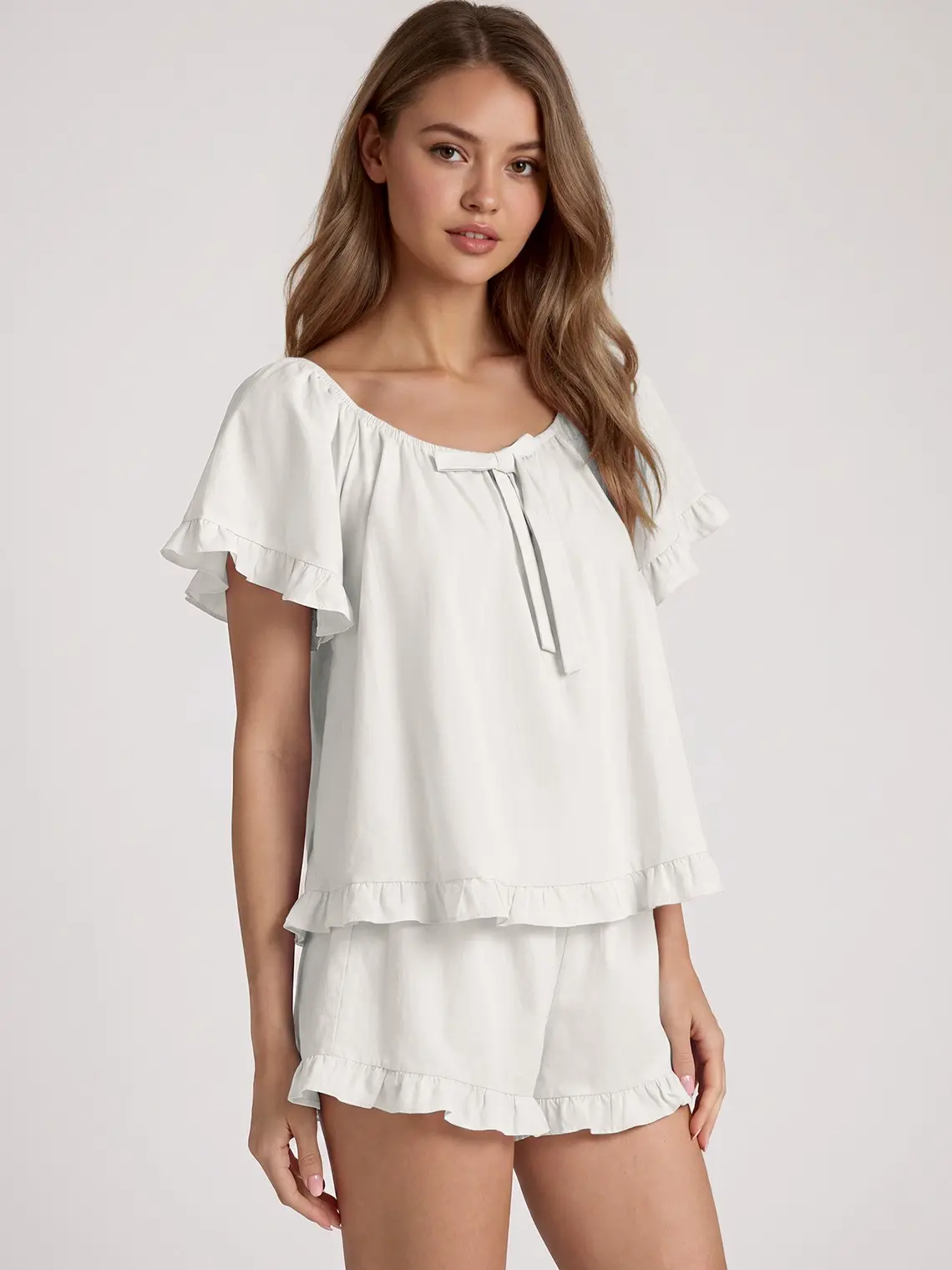[New] Azazie Ruffled Bow Short Sleeve Cotton Pajama Set, Ruffle Trim Bow Detail Short Sleeves Elastic Waist, Bridal Getting Ready Sleepwear Lounge, 100% Cotton sohochic