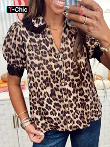 Hotapei Summer Elegant Leopard Print Button Front Lace Trim Short Sleeve Shirt Blouse, Stylish Women's Top, Casual Fashion Clothing