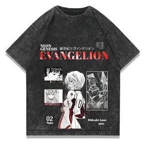 Vintage Washed Neon Genesis Evangelion Graphic T-Shirt, Distressed Rei Ayanami Print Tee, Retro Anime Streetwear Top For Men Women