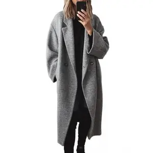Women's Winter Double-Breasted Long Wool Coat Black Casual Notched Lapel Long Coat for Daily Life & Office Wear 010