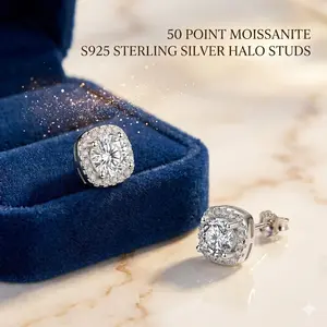 Sparkling 0.50 CT Moissanite Halo Stud Earrings - Premium S925 Sterling Silver Square Diamond Studs for Women, Luxury Gift