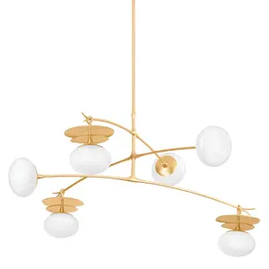 Botanical-Inspired Ceylon Chandelier with Vintage Gold Leaf and Cloud Glass Spheres, 6 Lights