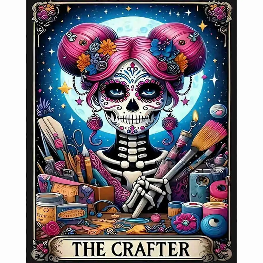 The Crafter Sugar Skull Diamond Painting Kit, Diamond Pattern Design, Day of the Dead Tarot Style Female Skeleton Artist with Pink Hair, Crafting Tools and Full Moon, 5D Round & Square Rhinestone DIY Cross Stitch Home Decor Art, DIY Craft Supplies