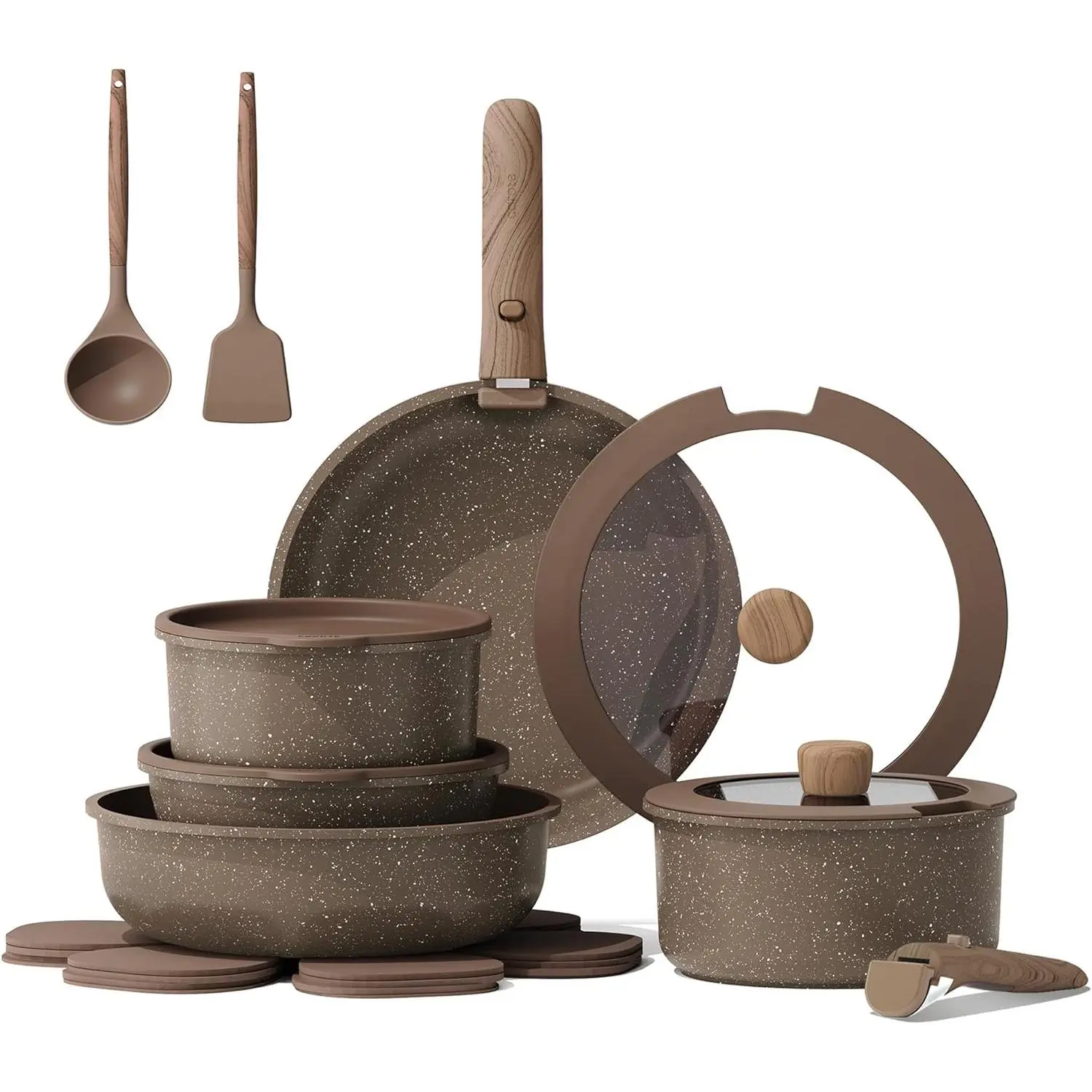 17PCS Non-Stick Cookware Set with Detachable Handles, Non-Stick Cookware Set, Cooking Kitchen Set, Oven/Dishwasher Safe, Induction Cookware, Brown, RV Kitchen Cookware
