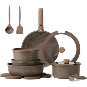 17PCS Non-Stick Cookware Set with Detachable Handles, Non-Stick Cookware Set, Cooking Kitchen Set, Oven/Dishwasher Safe, Induction Cookware, Brown, RV Kitchen Cookware