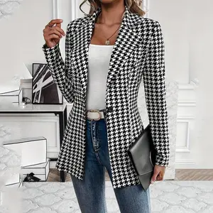 Women's Houndstooth Blazer Long Sleeve Single Button Tailored Fit Blazer with Belt Accent Versatile Casual Office Date Fashion Blazer Top for Women