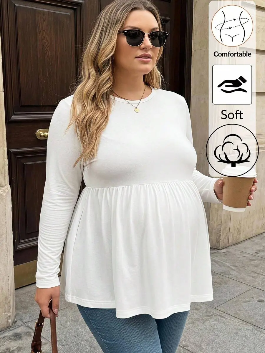 [DISCOUNT 40%] Women's Plus-Size White Crew-Neck Long-Sleeve Casual Maternity Top – Autumn Casual Wear