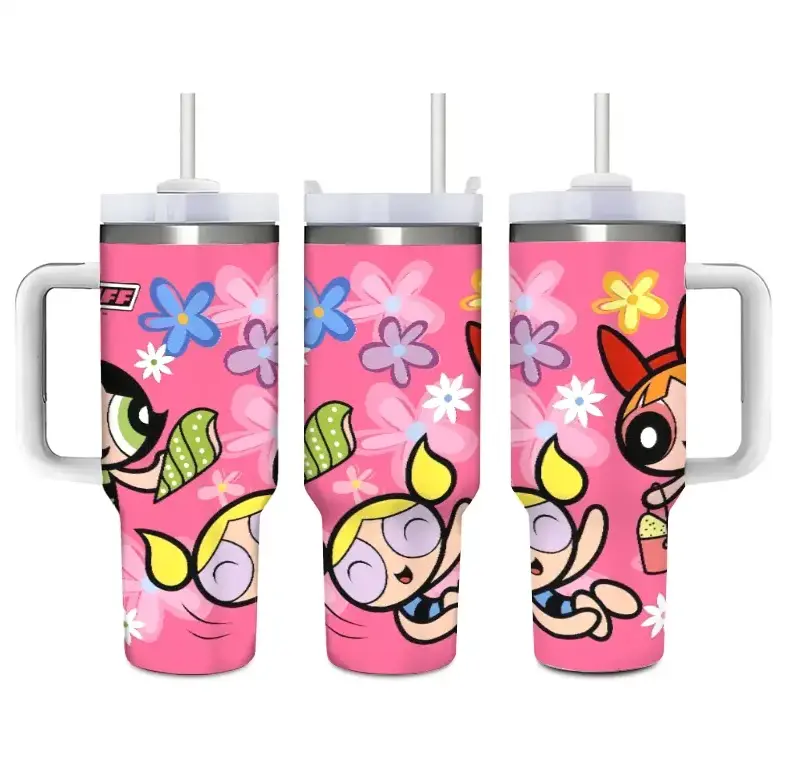 [Gift Box & Straw] Powerpuff Girls 20oz Skinny & 40oz Handle Tumbler, Cute Colorful Cartoon Stainless Steel Vacuum Insulated Coffee Cup, Hot & Cold Travel Mug, Kawaii Birthday Gift for Women & Teens
