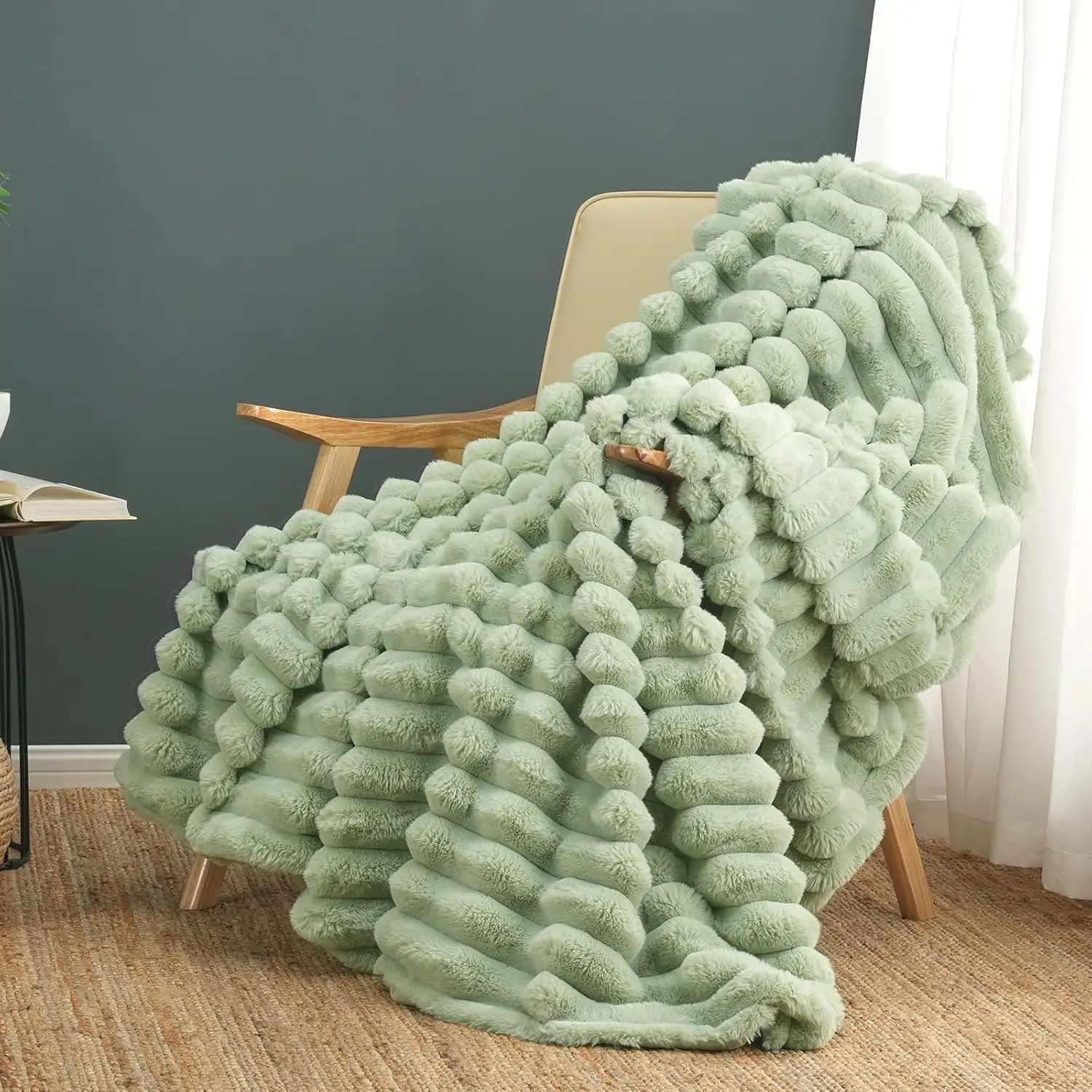 Raybee Sage Green Striped Fleece Throw Blanket 70"×80" - Fluffy Microfiber Body-Warming Option for Couch, Sofa, Bed - Super Soft Lightweight for Women, Throw Blankets, Fluffy Blankets