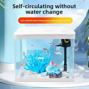 Hot Bending Ultra Clear Glass Fish Tank Self-Circulating Eco Aquarium Small Desktop For Living Room Home Decor Smart with LED Light and Filter Deshedding Brush Pets Dragon Stone Decoration