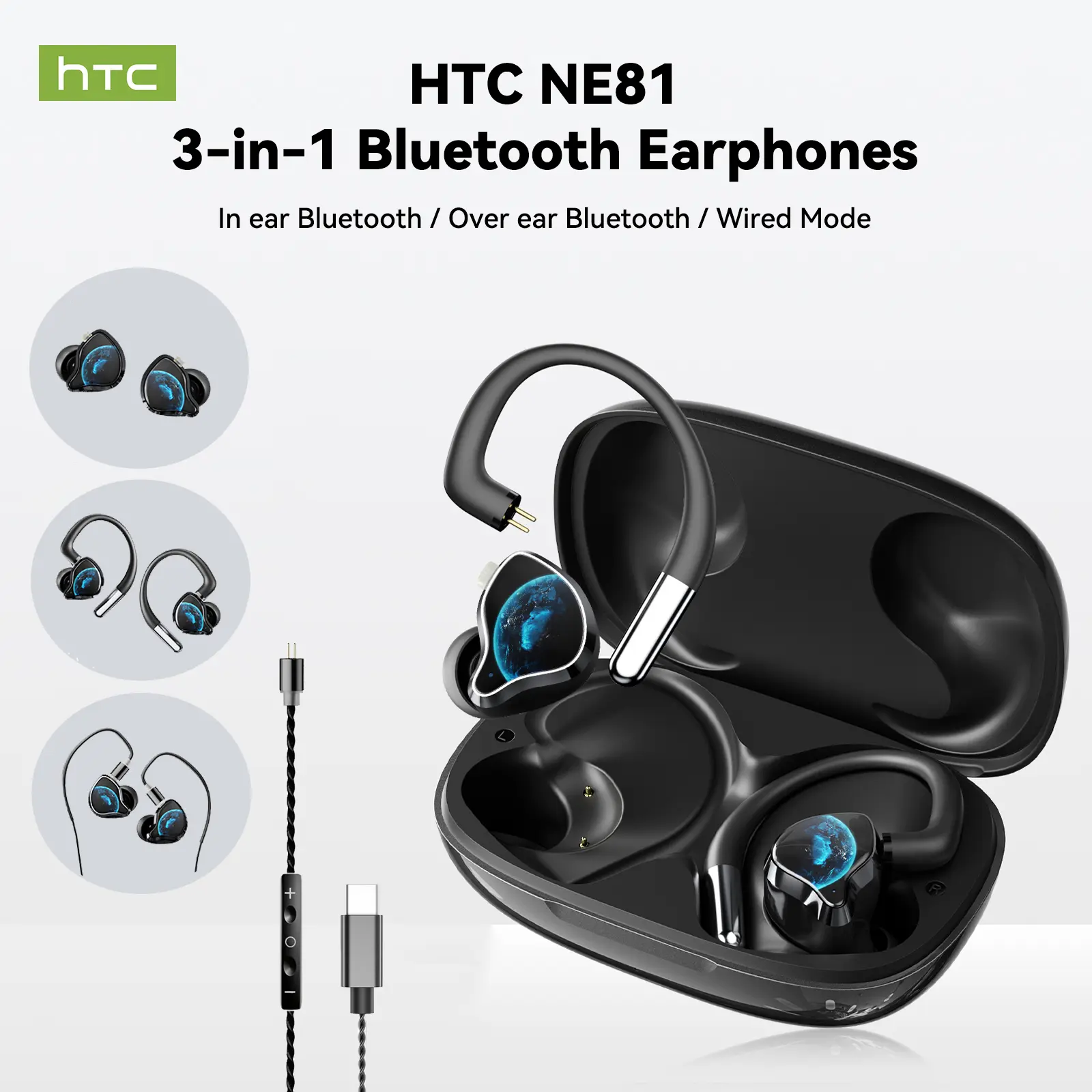 HTC NE81 3 in 1 in Ear Monitor Headphones with Earhooks & Charging Case Case, Wired Earbuds, HiFi Sports Bluetooth Headphones, Clear Sound, Deep Bass & Comfort-Fit Gaming Earphones, for Karaoke, Sports, Studio