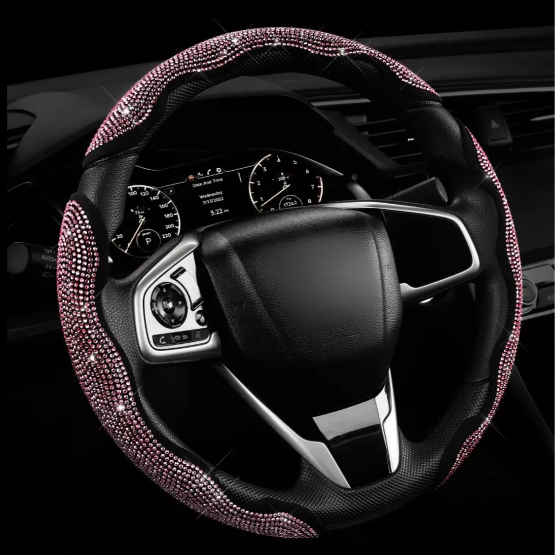 Glam Bling Crystal Steering Wheel Cover, 15" Universal Size, Non-Slip Grip, Diamond-Embellished Car Interior Accessory girl woman gift unisex automotive black material breathable, Steering Wheel Decor, Cars Accessories