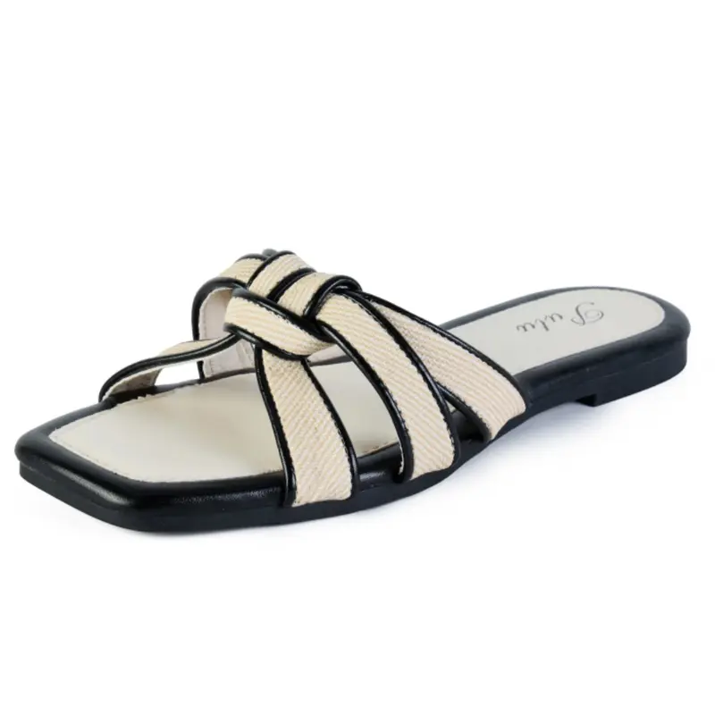 Putu Women's Casual Slip-On Flat Sandals - Square Toe Braided Fabric Footwear with Comfortable Cushioning Flat-Soled Faux Leather Non-Slip Rubber Sole, Ideal for Vacations, Back to School