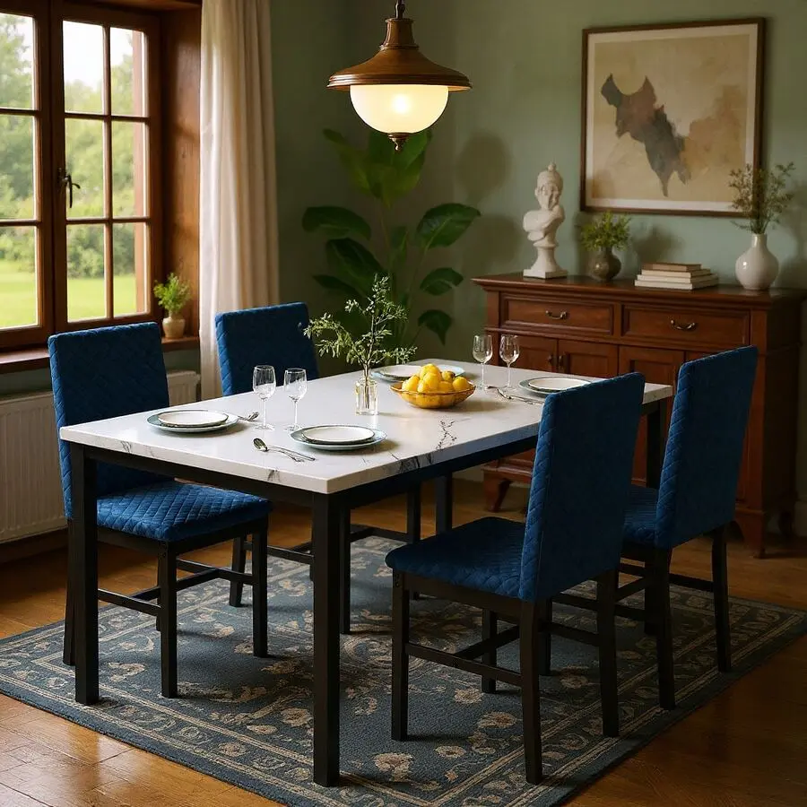 Mid-Century Modern 5-Piece Indoor Dining Table Set - Rectangular Faux Marble MDF+Fabric Top (47.24" Wide), 4 Ergonomic Velvet & PU Leather Diamond-Stitching Chairs, Sturdy Metal Frame, Anti-Slip Pads for Studio Apartment 4-Person Nook