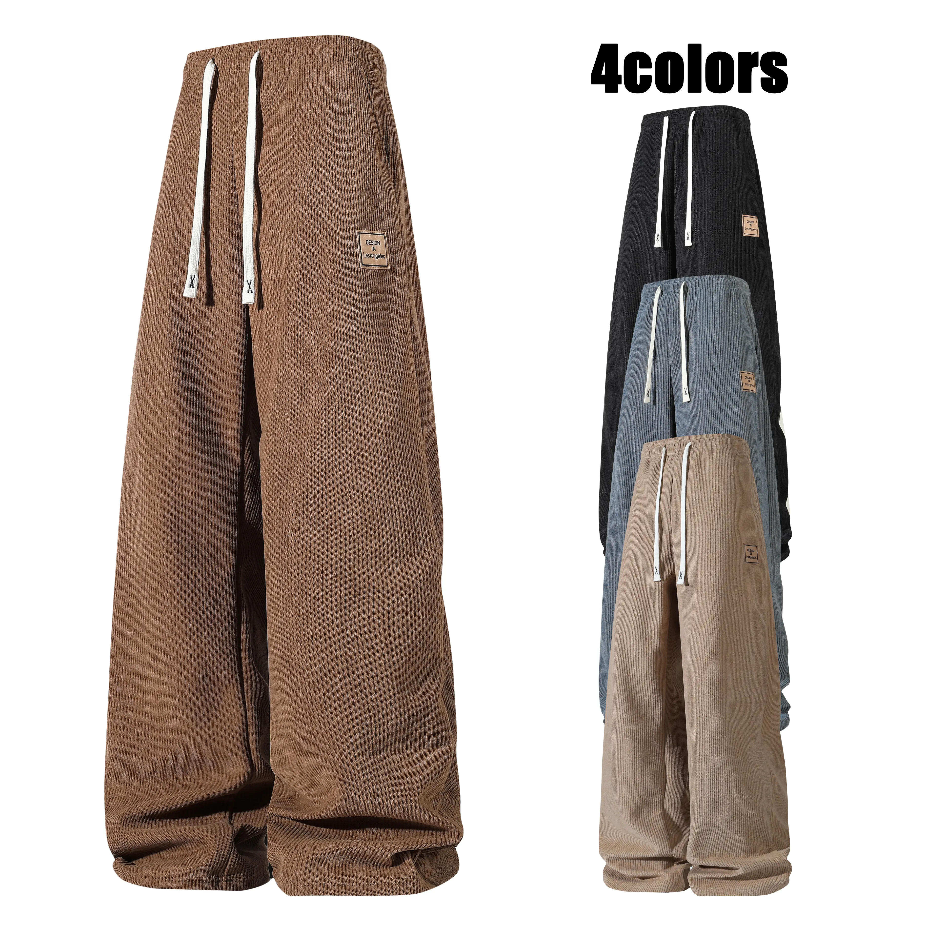 Men’s Fleece-Lined Corduroy Trousers - Mens Clothing, Drawstring, Loose-Fit Straight-Leg, Plain, Breathable, Skin-Friendly, Warm Autumn Winter Casual Pants