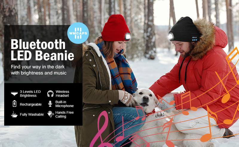 Bluetooth Beanie with a Light, Unisex USB Rechargeable 4 LED Fashlight Hat with Cordless Headphones, Unique Christmas Birthday Gifts for Men Him Husband Teen Black