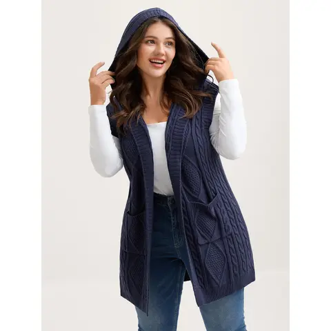 BloomChic Women's Plus Size Hooded Cable Knit Cardigan Vest [M-6X] - Open Front Layering Garment with Pocket, Cozy Fabric Tops for Fall Casual Outfits, Knitwear