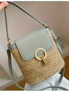 New Personalized Straw Woven Beach Bag, Casual Simple Versatile Lock Closure Shoulder Crossbody Bag, Stylish Handheld Basket