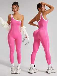 Women's Seamless High Elastic Yoga Tummy Control Jumpsuit, Colorblock Asymmetrical Shoulder, Sporty Fitness All Seasons, Slimming and Energizing