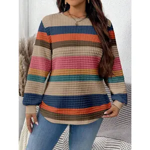 EMERY ROSE Plus Size Women Casual Colorful Striped Print Loose Fit Crew Neck Long Sleeve Sweatshirt, Waffle Texture, Suitable For Autumn/Winter Fall Winter Fall Tops Women Pullover For Women Striped Sweater Striped Long Sleeve