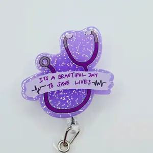 It's A Beautiful Day to Save Lives Purple Stethoscope with Purple Sparkly Glitter Acrylic Retractable Badge ID Reel Belt or Alligator Clip
