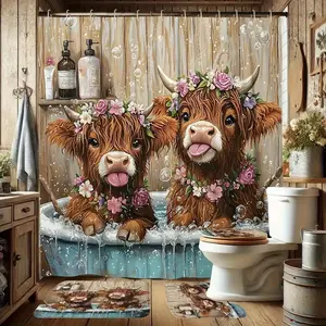 This adorable 1/4-piece Highland bull-themed shower curtain set includes a shower curtain, toilet seat cover, rectangular mat, and U-shaped mat. Perfect for bathroom decor and enhancing the space, it also comes with 12 shower curtain hooks.