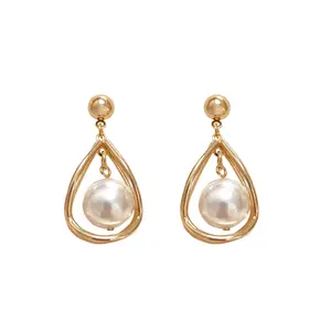 Women's Gold Plated Pearl Drop Earrings with Stainless Steel Coat