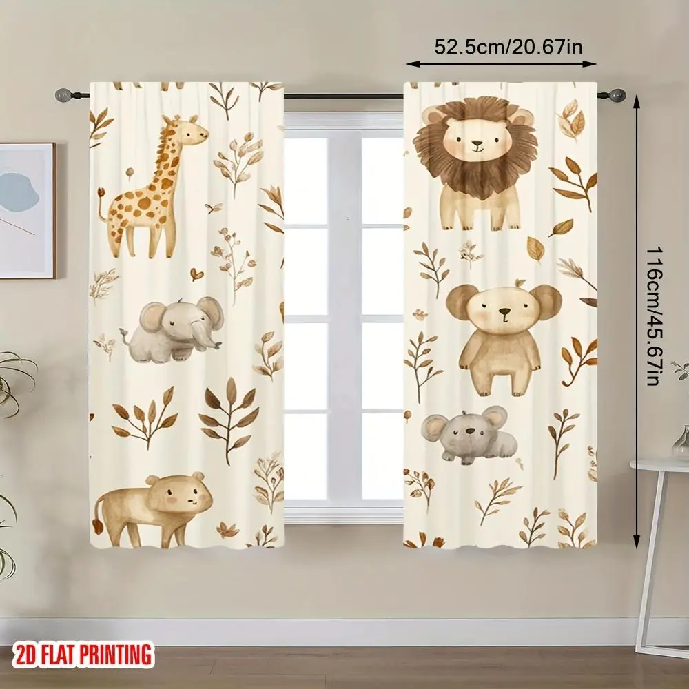 2D Flat, 2pcs Wildlife Safari Doodles Design Window Curtains, Aesthetic Room Decor for Family and Study Rooms, 2D Flat 28*40IN/71*101CM