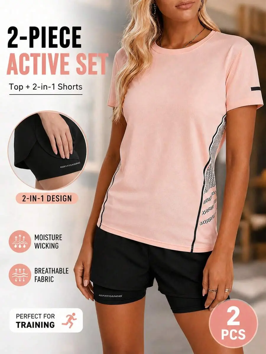 2pcs Women's Athleisure 2 Pieces Set, Peach Pink Workout Top & Pocket Shorts, 2 In 1 Athletic Bottoms Sports