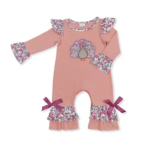 Thanksgiving pink turkey Print Long Sleeve Girls OnePieces