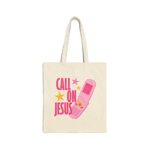Call On Jesus flip phone tote bag | Christian faith canvas tote