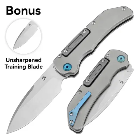 KANSEPT Hazard With Replaceable Unsharpened Training Blade Bali Lock EDC Folding Pocket Knife for Men Women Gift | 3.63" CPM S35VN Blade Steven Dunnuck Design | Stonewashed Titanium & Bronze Anodized Titanium Handles - K1104Series