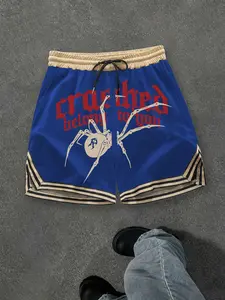 Men's Vintage Gothic Basketball Shorts, Spider Print, Crushed Belong to You Font Mesh Shorts, Drawstring Waist Loose Fit Street Style, Athletic Activewear